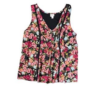 Merona Womens XXL Floral Pintuck Tank Top Black Pink V-Neck Crochet Lace Trim